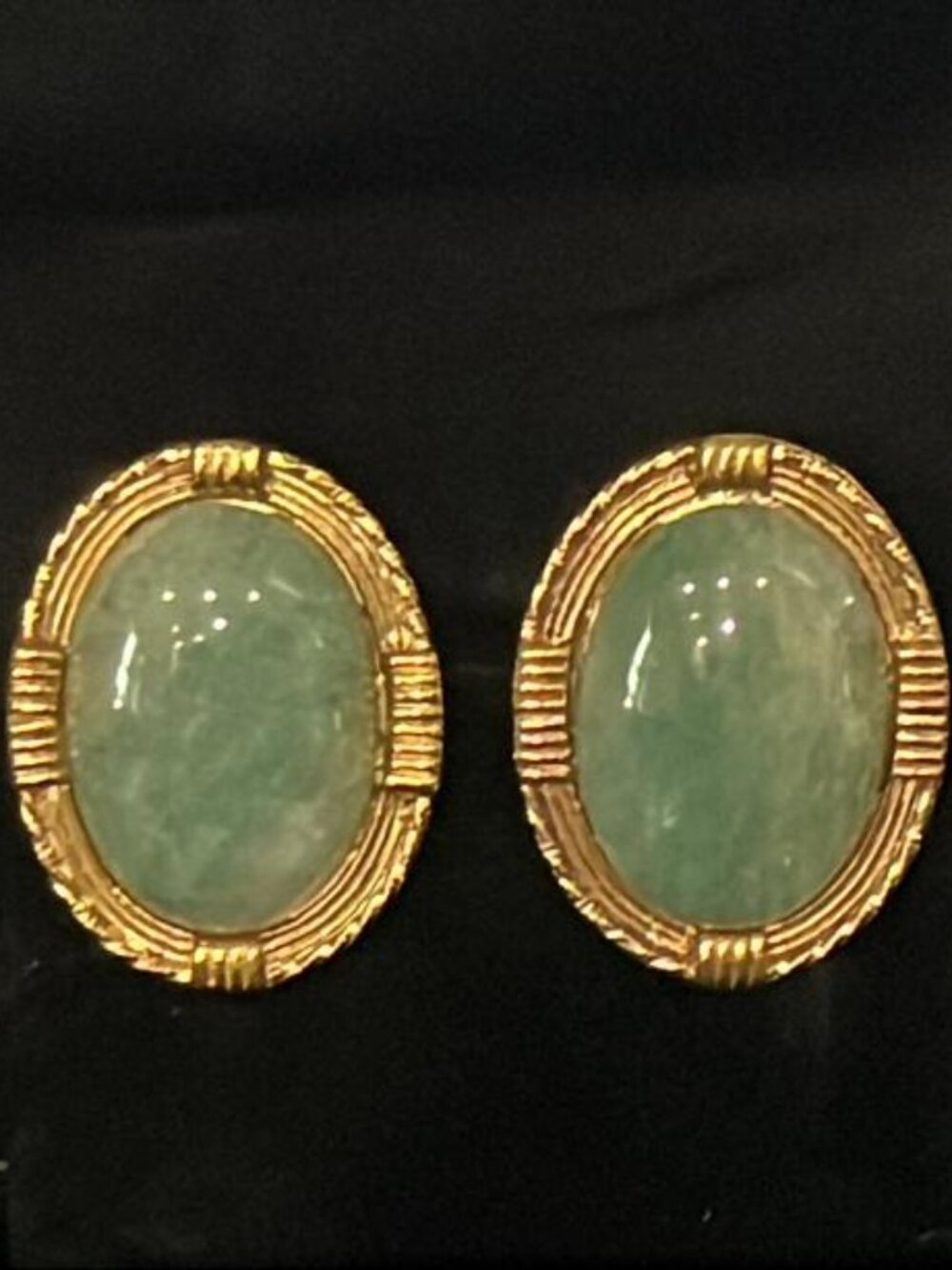 Moss Agate Ovals with Gold Tone Frame Clip-On Earrings